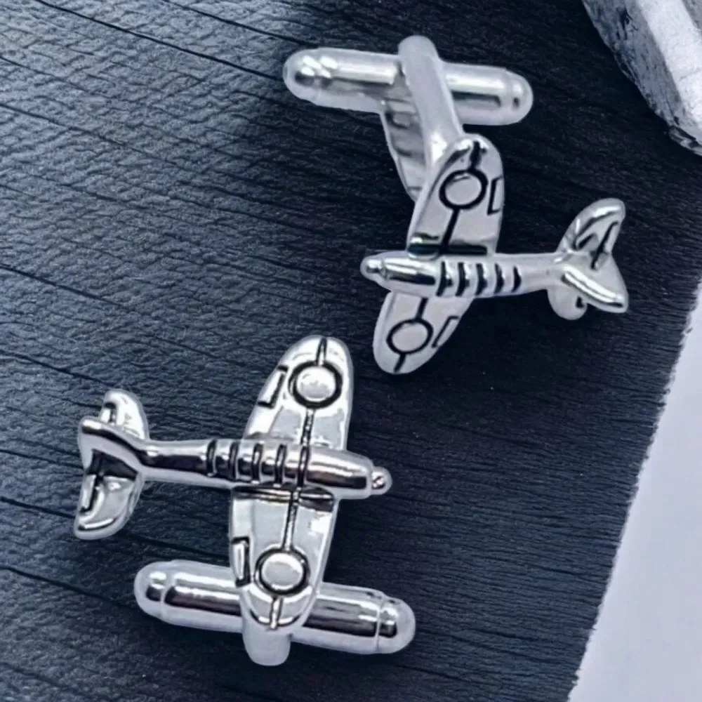 Men's Airplane Silver Cufflinks Tuxedo Formal Shaped Cuff Links Aviation Pilot